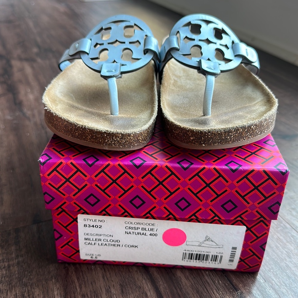 Tory Burch Miller Cloud Calf Leather / Cork color crisp blue/natural size 6.5